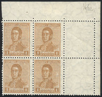 ARGENTINA: GJ.544CD, 1922 1c. San Martín With Large Sun Wmk, Block Of 4 With LABELS AT RIGHT, MNH (+50%), Excellent! - Other & Unclassified