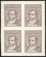 ARGENTINA: GJ.870, 1942 Moreno 3c., PROOF In The Issued Color, Imperforate Block Of 4 Printed On Paper Glazed On Both Si - Sonstige & Ohne Zuordnung