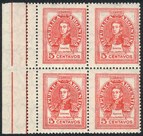 ARGENTINA: GJ.871, 5c. San Martín, Marginal Block Of 4 With DOUBLE Vertical Perforation Creating 2 Small Labels At Left, - Other & Unclassified