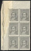 ARGENTINA: GJ.889, 1942/53 3c. Moreno, Unwatermarked (writer, Lawyer, Politician), Corner Block Of 6 With VARIETY: Pre-p - Autres & Non Classés