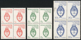 ARGENTINA: GJ.896/898, 1943 Coat Of Arms, Complete Set Of 3 Values, PROOFS In The Issued Colors, Perforated Blocks Of 4  - Autres & Non Classés