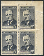 ARGENTINA: GJ.927, 1946 Roosevelt, Corner Block Of 4 With PERFORATION PARTIALLY MISSING Variety In Corner, VF! - Autres & Non Classés