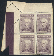 ARGENTINA: GJ.1036, 20c. Brown, Corner Block Of 4 With Fantastic Perforation Variety, Very Nice! - Autres & Non Classés