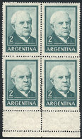 ARGENTINA: GJ.1135, 2P. Sarmiento, Block Of 4 With Variety: Bottom Stamps With DOUBLE PERFORATION, Creating 2 Small Labe - Sonstige & Ohne Zuordnung