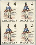 ARGENTINA: GJ.1279P, 1964 Army Day, IMPERFORATE BLOCK OF 4, The Top Stamps Are Lightly Hinged, The Lower Stamps MNH, Ver - Autres & Non Classés