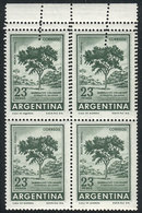 ARGENTINA: GJ.1311B, 23P. Quebracho Tree, Block Of 4 Printed On CHALKY Paper, Wity Variety: Top Stamps With DOUBLE PERFO - Autres & Non Classés