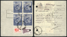 ARGENTINA: GJ.1639SG, 10P. Fishing PRINTED ON GUM, Block Of 4 Used To Frank A PO Box Payment Card In 1975. One Stamp Wit - Sonstige & Ohne Zuordnung