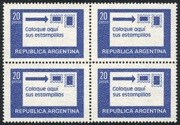 ARGENTINA: GJ.1782N, 20P. Place Stamps Here, Block Of 4 Printed On UV NEUTRAL UNSURFACED PAPER, MNH, VF Quality - Other & Unclassified