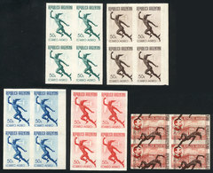 ARGENTINA: GJ.846, 1940 50c. Mercury, Trial Color PROOFS, 5 Different Imperforate Blocks Of 4, One With Overlapping Impr - Poste Aérienne