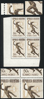ARGENTINA: GJ.860, 1942 50c. Mercury & Airplane, Printed On CHALKY Paper, Corner Block Of 4 With VARIETIES: Plate Flaw A - Airmail
