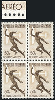 ARGENTINA: GJ.860, 1942 50c. Mercury & Airplane, Printed On CHALKY Paper, Block Of 4, One With Variety: Second E Of AERE - Luftpost