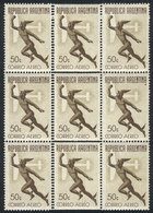 ARGENTINA: GJ.864, 1942 50c. Mercury And Stylized Airplane, Unwatermarked, Block Of 9 With Variety: Central Stamps With  - Poste Aérienne