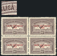 ARGENTINA: GJ.722 + 722a, 1932 90c. Zeppelin, Block Of 4, One With Variety "A Of REPUBLICA With Accent", VF Quality, Cat - Luftpost