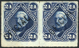 ARGENTINA: GJ.8, 24c. San Martín With Diagonal Overprint Applied By Hand, Pair Mint No Gum, Excellent And Very Rare, Sig - Service