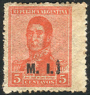 ARGENTINA: GJ.376a, 1918 5c. San Martín Unwatermarked, With Overprint Originally "M.I." With A Second Typographed "I" (t - Officials