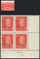 ARGENTINA: GJ.705, 20c. San Martín, Corner Block Of 4, One With Variety: S Of SAN MARTIN Deformed" (position 200), Excel - Officials