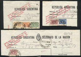 ARGENTINA: 3 Fragments Of Telegram Receipts Of The Year 1930, With Affixed Stamps (the Part Corresponding To The Client) - Telegraphenmarken