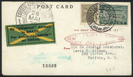 BRAZIL: 24/MAY/1930 Rio De Janeiro - Buffalo (USA), Via ZEPPELIN: Card Franked By Sc.4CL8 + 200Rs. Definitive, With Tran - Andere & Zonder Classificatie