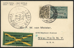 BRAZIL: 24/MAY/1930 Rio De Janeiro - New York, Via ZEPPELIN: Card Franked By Sc.4CL8 + 200Rs. Definitive, With Transit M - Other & Unclassified