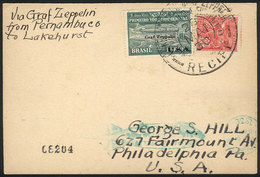 BRAZIL: 28/MAY/1930 Recife - Philadelphia, Via ZEPPELIN: Card Franked By Sc.4CL8 + 200Rs. Definitive, With Lakehurst Arr - Andere & Zonder Classificatie