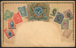 BRAZIL: Beautiful PC Illustrated With Old Postage Stamps, Diagonal Crease, Circa 1905 - Autres & Non Classés