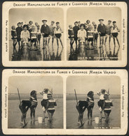 BRAZIL: 2 Old Stereo Cards With Photos Of Children On The Beach, With Advertising For VEADO Cigarettes! VF Quality! - Sonstige & Ohne Zuordnung