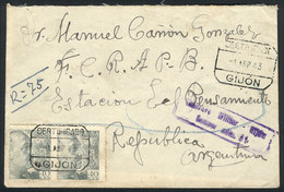 SPAIN: Registered Cover Sent From Gijón To Argentina On 1/AP/1943, With Local Military CENSOR Mark, Very Nice! - Andere & Zonder Classificatie