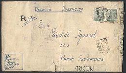 SPAIN: Registered Folded Cover Sent From SÁBADA (Zaragoza) To Argentina On 13/FE/1945, With A Number Of Censor Marks And - Otros & Sin Clasificación