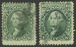 UNITED STATES: Sc.68 + 68a, 1861 Washington 10c. In Green And Dark Green, Used, VF Quality! - Other & Unclassified