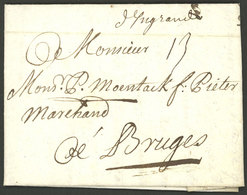 FRANCE: 22/FE/1721 INGRANDE (near Nantes) To Bruges, Entire Letter With Manuscript Mark "D'INGRANDE" And "13" Dues, Exce - Sonstige & Ohne Zuordnung