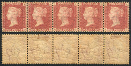 GREAT BRITAIN: Sc.33, 1864 1p. PLATE 153, Beautiful Strip Of 5 With Full Original Gum (3 Stamps MNH And 2 Lightly Hinged - Otros & Sin Clasificación