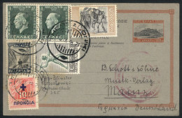GREECE: Postal Card With Very Nice Multicolor Additional Postage, Sent From Thessaloniki To Germany On 25/OC/1938, Very  - Autres & Non Classés