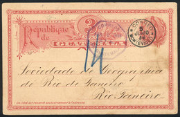 GUATEMALA: 3c. Postal Card Sent To Rio De Janeiro (Brazil) On 9/AP/1896, Transit Mark Of Montevideo For 5/JUN, Rio Arriv - Guatemala