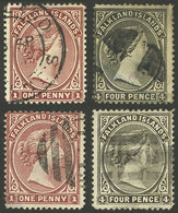 FALKLAND ISLANDS/MALVINAS: Sc.5 + 6 + 7 + 8a, 1883/95 And 1886, 1p. And 4p. With Vertical And Horizontal Watermarks, Som - Falklandeilanden