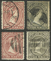 FALKLAND ISLANDS/MALVINAS: Sc.5 + 6 + 7 + 8a, 1883/95 And 1886, 1p. And 4p. With Vertical And Horizontal Watermarks, Som - Falkland Islands