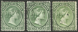 FALKLAND ISLANDS/MALVINAS: Sc.9 + 9a + 10, 1891/1902 ½p. In Green, Bluish Green And Yellow-green, Used, VF Quality! - Falklandinseln