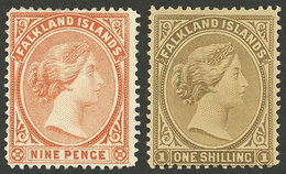 FALKLAND ISLANDS/MALVINAS: Sc.17 + 18, 1891/1902 9p. (without Gum) And 1s. (original Gum But Lightly Darkened), Very Nic - Falkland Islands