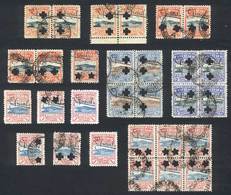 URUGUAY: Issue Of 1918, Lot Of Used Stamps Including A 1P. Block Of 6, And  Blocks Of 4 Of 5c. And 8c., Several Pairs, E - Uruguay