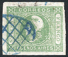 ARGENTINA: GJ.16, 4R. Yellow-green, Semi-clear Impression, With Blue Grid Cancel Of Buenos Aires, Superb! - Buenos Aires (1858-1864)
