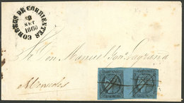 ARGENTINA: GREAT RARITY: GJ.1, Un Real M.C., Pair With Types 1 And 2 Franking A Folded Cover To Mercedes, With Pen Cance - Corrientes (1856-1880)