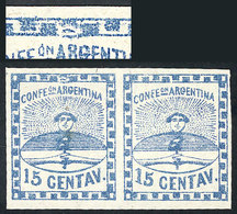 ARGENTINA: GJ.3i, 15c. Blue, Pair, The Left Stamp With Variety "plate Flaw Between The 2nd And 3rd Link Of The Top Frame - Storia Postale