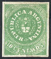 ARGENTINA: GJ.8A, 10c. APPLE GREEN, Beautiful Example Mint With Original Gum (+50%), With Variety: Plate Wear Below The  - Used Stamps