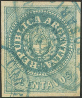 ARGENTINA: GJ.9, 15c. Green-blue, Wide Margins, With 2 Cancels Of Rosario: Datestamp + Ellipse, Excellent! - Used Stamps