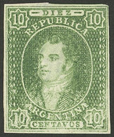 ARGENTINA: GJ.23SD, 10c. Very Interesting Semi-clear Impression, IMPERFORATE (it Missed The Perforating Machine), Mint W - Used Stamps