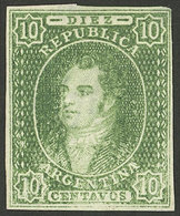 ARGENTINA: GJ.23SD, 10c. Very Interesting Semi-clear Impression, IMPERFORATE (it Missed The Perforating Machine), Mint W - Gebruikt
