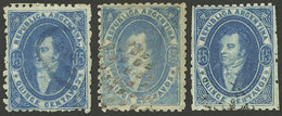 ARGENTINA: GJ.24, 15c. Won Impression, 3 Examples In Blue, Light Blue And Dark Blue, VF Quality! - Used Stamps
