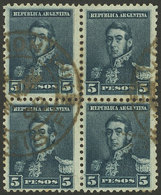 ARGENTINA: GJ.189, 1896 5P. San Martín With Large Sun Wmk, Rare Postally Used Block Of 4 , Excellent Quality, Very Scarc - Unused Stamps