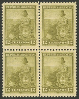 ARGENTINA: GJ.248, Liberty 12c. Olive Green, Block Of 4 PERFORATION 12, MNH (+50%), Superb, Rare! - Unused Stamps