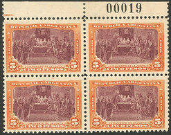 ARGENTINA: GJ.313, 1910 5P. Oath, Mint Block Of 4 (2 MNH And 2 Very Lightly Hinged) With Numbered Sheet Margin, Absolute - Unused Stamps