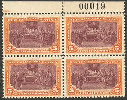 ARGENTINA: GJ.313, 1910 5P. Oath, Mint Block Of 4 (2 MNH And 2 Very Lightly Hinged) With Numbered Sheet Margin, Absolute - Nuevos